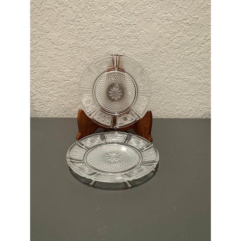 2-Vtg KIG Indonesia Clear Glass Plates 6.5" Daisy & Cane Pattern  Depression Era